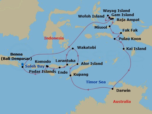 24 Night - Discover Bali, Darwin & Raja Ampat - Emerald Xara - Starting in Bali, Indonesia, Bali, Indonesia / Sorong, Southwest Papua, Indonesia, Gam Island / Kri, Raja Ampat Islands, Indonesia, Wofoh Island, Raja Ampat Islands, Indonesia, Wayag Island, Raja Ampat Islands, Indonesia, Pulau Penemu, Raja Ampat Islands, Indonesia, Misool Island, Raja Ampat Islands, Indonesia, Fakfak, Indonesia, Pulau Koon, Indonesia, Triton Bay, Indonesia, Kai Islands, Indonesia, Darwin, Northern Territory, Australia, Kupang, West Timor Island, Indonesia, Alor Island, Kalabahi, Indonesia, Wakatobi Marine Park, Indonesia, Larantuka, Flores Island, Indonesia, Ende, Flores Island, Indonesia, Pulau Padar, Indonesia, Komodo National Park / Komodo Island and Pink Beach, Indonesia, Saleh Bay, Indonesia, Bali, Indonesia itinerary map