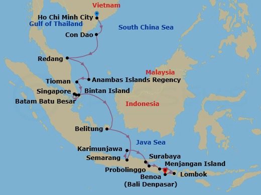 22 Night - Discover Southeast Asia : Saigon to Bali via Singapore - Emerald Xara - Starting in Ho Chi Minh City (Saigon), Vietnam, Con Dao, Vietnam, Pulau Redang, Malaysia, Anambas Archipelago, Indonesia, Pulau Tioman (Tekek Bay), Malaysia, Pulau Bintan, Indonesia, Singapore, Batam Island, Indonesia, Belitung Island, Indonesia, Semarang, Java, Indonesia, Karimun Jawa Archipelago, Surabaya, Java, Indonesia, Probolinggo, Java, Indonesia, Menjangan Island, Indonesia, Lombok, Indonesia, Bali, Indonesia itinerary map