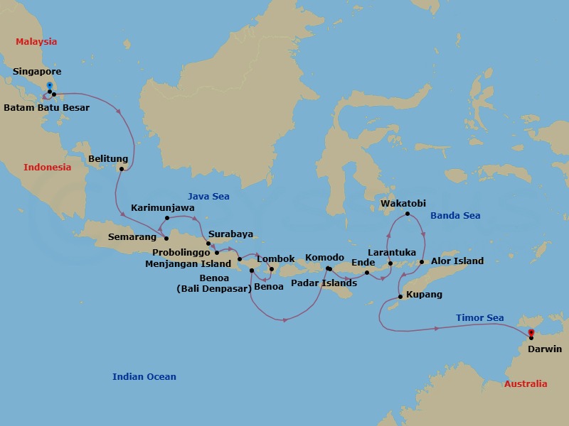 24 Night - Discover Hidden Coastal Gems : Singapore to Darwin - Emerald Xara - Starting in Singapore, Batam Island, Indonesia, Belitung Island, Indonesia, Semarang, Java, Indonesia, Karimun Jawa Archipelago, Surabaya, Java, Indonesia, Probolinggo, Java, Indonesia, Menjangan Island, Indonesia, Lombok, Indonesia, Bali, Indonesia, Benoa, Bali, Indonesia, Saleh Bay, Indonesia, Komodo National Park, Komodo Island / Pink Beach, Indonesia, Pulau Padar, Indonesia, Ende, Flores Island, Indonesia, Larantuka, Flores Island, Indonesia, Wakatobi Marine Park, Indonesia, Alor Island, Kalabahi, Indonesia, Kupang, West Timor Island, Indonesia, Darwin, Northern Territory, Australia itinerary map