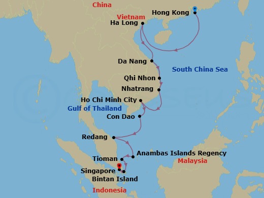20 Night - Discover the Cultures of China, Vietnam & Singapore - Emerald Xara - Starting in Hong Kong, China, Ha Long, Vietnam, Da Nang (Hue), Vietnam, Quy Nhon, Vietnam, Nha Trang, Vietnam, Ho Chi Minh City, Vietnam, Ho Chi Minh City (Saigon), Vietnam, Con Dao, Vietnam, Pulau Redang, Malaysia, Anambas Archipelago, Indonesia, Pulau Tioman (Tekek Bay), Malaysia, Pulau Bintan, Indonesia, Singapore itinerary map