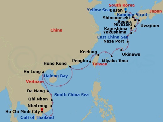 24 Night - Discover Coastal Treasures : Korea to Vietnam - Emerald Xara - Starting in Busan, South Korea, Shimonoseki, Japan, Beppu, Japan, Uwajima, Japan, Miyazaki, Japan, Kagoshima, Japan, Yakushima, Japan, Naze, Amami Oshima Island, Japan, Naha, Okinawa Island, Japan, Miyakojima, Japan, Keelung (Taipei), Taiwan, Magong, Penghu Islands, Taiwan, Hong Kong, China, Ha Long, Vietnam, Da Nang (Hue), Vietnam, Quy Nhon, Vietnam, Nha Trang, Vietnam, Ho Chi Minh City, Vietnam itinerary map