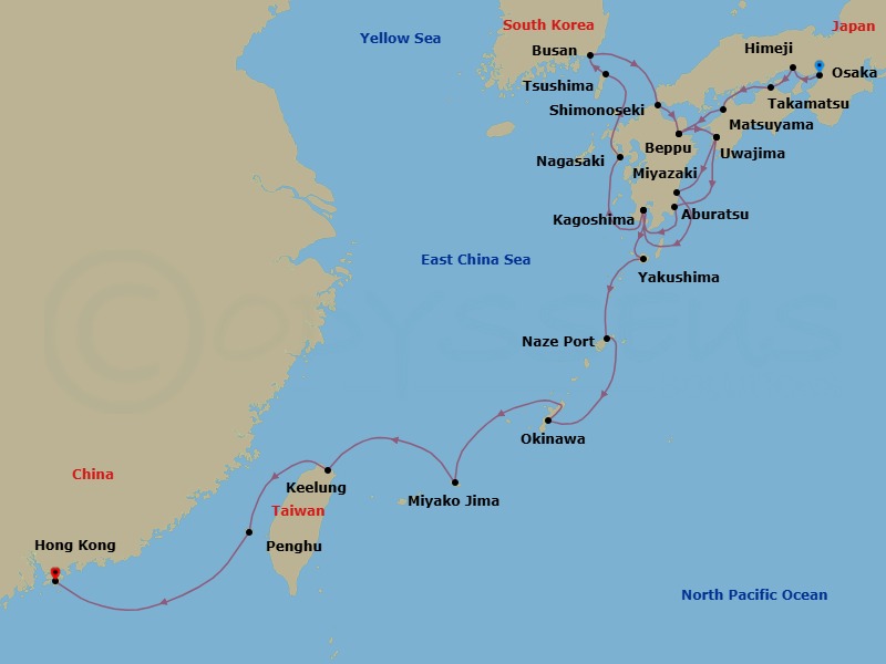 24 Night - Discover East Asia : Osaka to Hong Kong - Emerald Xara - Starting in Osaka, Japan, Himeji, Japan, Takamatsu, Japan, Matsuyama, Japan, Beppu, Japan, Uwajima, Japan, Aburatsu, Japan, Kagoshima, Japan, Nagasaki, Japan, Tsushima Island, Japan, Busan, South Korea, Shimonoseki, Japan, Beppu, Japan, Uwajima, Japan, Miyazaki, Japan, Kagoshima, Japan, Yakushima, Japan, Naze, Amami Oshima Island, Japan, Naha, Okinawa Island, Japan, Miyakojima, Japan, Keelung (Taipei), Taiwan, Magong, Penghu Islands, Taiwan, Hong Kong itinerary map