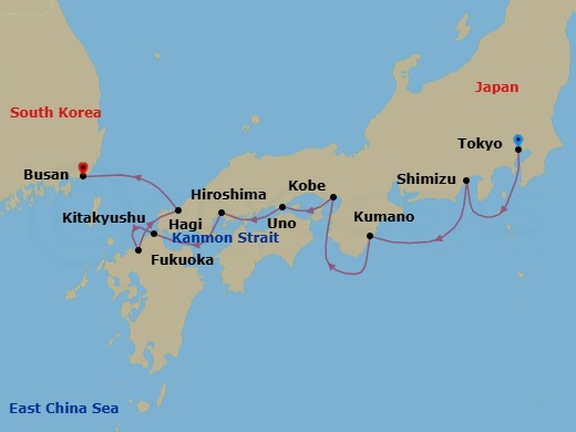 10 Night - Essence of South Korea & Japan - Emerald Xara - Starting in Tokyo, Japan, Shimizu, Japan, Kumano, Japan, Kobe, Japan, Uno-Ko, Japan, Hiroshima, Japan, Kitakyushu, Japan, Fukuoka, Japan, Hagi, Japan, Busan, South Korea itinerary map