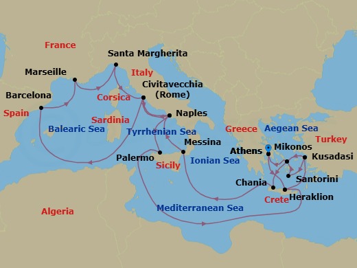 21 Night - The Best of the Mediterranean - Sun Princess - Starting in Athens (Piraeus), Greece, Crete (Heraklion), Greece, Kusadasi, Turkey (for Ephesus), Santorini, Greece, Mykonos, Greece, Crete (Chania), Greece, Sicily (Messina), Italy, Naples, Italy (for Capri and Pompeii), Civitavecchia (for Rome), Italy, Barcelona, Spain, Marseille (Provence), France, Santa Margherita, Italy, Civitavecchia (for Rome), Italy, Naples, Italy (for Capri and Pompeii), Sicily (Palermo), Italy, Crete (Heraklion), Greece, Kusadasi, Turkey (for Ephesus), Mykonos, Greece, Athens (Piraeus), Greece itinerary map