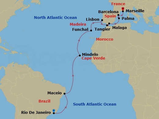 21 Night - Msc Grand Voyages - MSC Seaview - Starting in Rio De Janeiro, Brazil, Maceio, Brazil, Mindelo, Cape Verde, Funchal (Madeira Islands), Portugal, Lisbon (Cascais), Portugal, Tangier (Tetouan), Morocco, Malaga (Granada), Spain, Palma De Mallorca (Baleari Is), Spain, Barcelona, Spain, Marseille (Provence), France itinerary map
