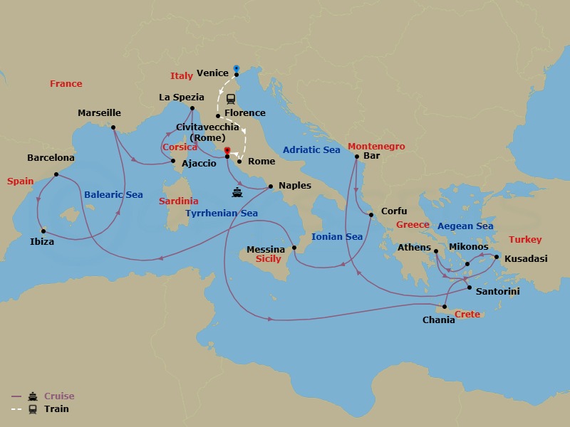 27 Night - Classic Italy - Tour 4C - Sun Princess Tours - Starting in Venice, Italy, Florence, Italy, Rome, Italy, Civitavecchia (for Rome), Italy, Naples, Italy (for Capri and Pompeii), Crete (Chania), Greece, Kusadasi, Turkey (for Ephesus), Mykonos, Greece, Athens (Piraeus), Greece, Santorini, Greece, Montenegro, Corfu, Greece, Sicily (Messina), Italy, Barcelona, Spain, Ibiza, Spain, Marseille (Provence), France, Corsica (Ajaccio), France, La Spezia (for Florence / Pisa), Italy, Civitavecchia (for Rome), Italy itinerary map