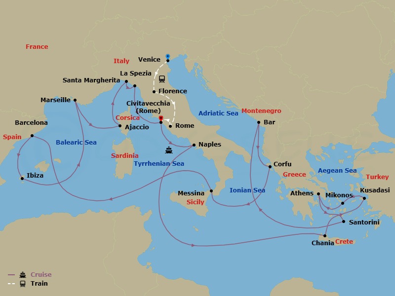 27 Night - Classic Italy - Tour 4C - Sun Princess Tours - Starting in Venice, Italy, Florence, Italy, Rome, Italy, Civitavecchia (for Rome), Italy, Naples, Italy (for Capri and Pompeii), Crete (Chania), Greece, Kusadasi, Turkey (for Ephesus), Mykonos, Greece, Athens (Piraeus), Greece, Santorini, Greece, Montenegro, Corfu, Greece, Sicily (Messina), Italy, Barcelona, Spain, Ibiza, Spain, Marseille (Provence), France, Corsica (Ajaccio), France, Santa Margherita, Italy, La Spezia (for Florence / Pisa), Italy, Civitavecchia (for Rome), Italy itinerary map