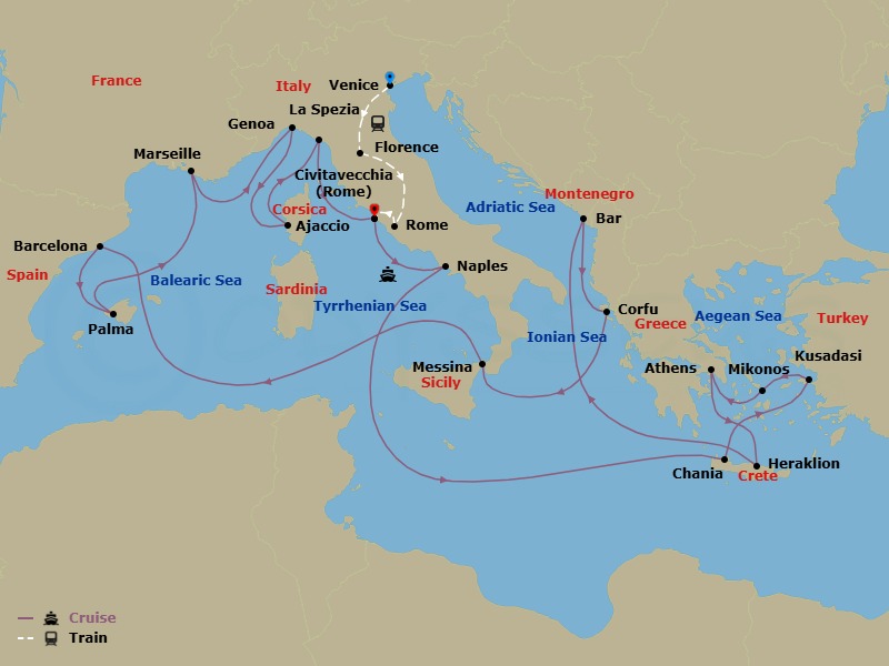 27 Night - Classic Italy - Tour 4C - Sun Princess Tours - Starting in Venice, Italy, Florence, Italy, Rome, Italy, Civitavecchia (for Rome), Italy, Naples, Italy (for Capri and Pompeii), Crete (Chania), Greece, Kusadasi, Turkey (for Ephesus), Mykonos, Greece, Athens (Piraeus), Greece, Crete (Heraklion), Greece, Montenegro, Corfu, Greece, Sicily (Messina), Italy, Barcelona, Spain, Mallorca (Palma), Spain, Marseille (Provence), France, Genoa (for Cinque Terre), Italy, Corsica (Ajaccio), France, La Spezia (for Florence / Pisa), Italy, Civitavecchia (for Rome), Italy itinerary map