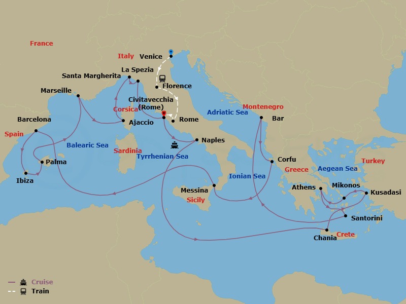 27 Night - Classic Italy - Tour 4C - Sun Princess Tours - Starting in Venice, Italy, Florence, Italy, Rome, Italy, Civitavecchia (for Rome), Italy, Naples, Italy (for Capri and Pompeii), Crete (Chania), Greece, Kusadasi, Turkey (for Ephesus), Mykonos, Greece, Athens (Piraeus), Greece, Santorini, Greece, Montenegro, Corfu, Greece, Sicily (Messina), Italy, Barcelona, Spain, Ibiza, Spain, Mallorca (Palma), Spain, Marseille (Provence), France, Corsica (Ajaccio), France, Santa Margherita, Italy, La Spezia (for Florence / Pisa), Italy, Civitavecchia (for Rome), Italy itinerary map