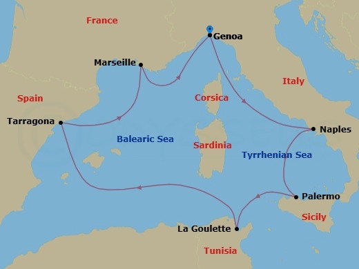 7 Night - Mediterranean - MSC Euribia - Starting in Genoa (Portofino), Italy, Naples (Pompeii), Italy, Palermo (Monreale), Italy, La Goulette, Tunisia, Tarragona, Spain, Marseille (Provence), France, Genoa (Portofino), Italy itinerary map