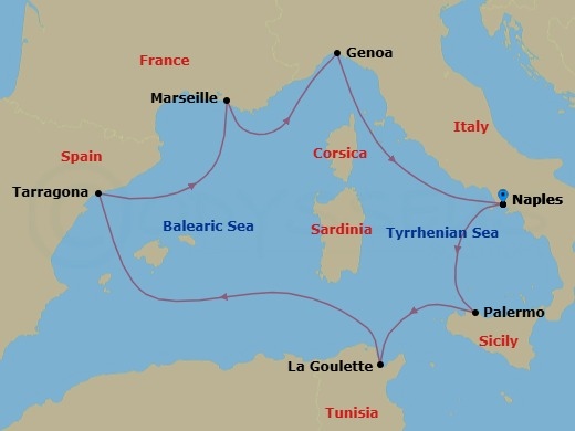 7 Night - Mediterranean - MSC Euribia - Starting in Naples (Pompeii), Italy, Palermo (Monreale), Italy, La Goulette, Tunisia, Tarragona, Spain, Marseille (Provence), France, Genoa (Portofino), Italy, Naples (Pompeii), Italy itinerary map