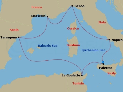 7 Night - Mediterranean - MSC Euribia - Starting in Palermo (Monreale), Italy, La Goulette, Tunisia, Tarragona, Spain, Marseille (Provence), France, Genoa (Portofino), Italy, Naples (Pompeii), Italy, Palermo (Monreale), Italy itinerary map