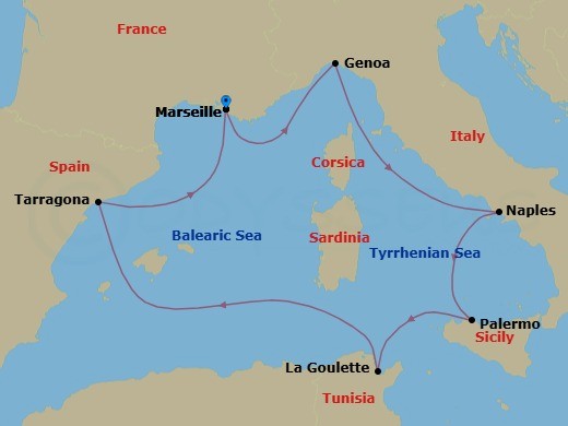 7 Night - Mediterranean - MSC Euribia - Starting in Marseille (Provence), France, Genoa (Portofino), Italy, Naples (Pompeii), Italy, Palermo (Monreale), Italy, La Goulette, Tunisia, Tarragona, Spain, Marseille (Provence), France itinerary map
