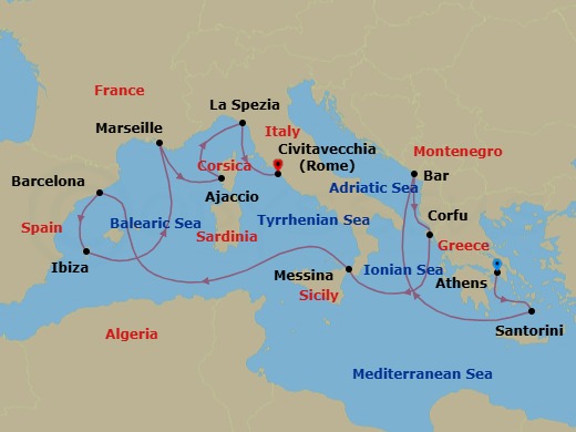 14 Night - Western Mediterranean with Greece & Italy - Sun Princess - Starting in Athens (Piraeus), Greece, Santorini, Greece, Montenegro, Corfu, Greece, Sicily (Messina), Italy, Barcelona, Spain, Ibiza, Spain, Marseille (Provence), France, Corsica (Ajaccio), France, La Spezia (for Florence / Pisa), Italy, Civitavecchia (for Rome), Italy itinerary map