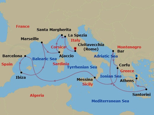 14 Night - Western Mediterranean with Greece & Italy - Sun Princess - Starting in Athens (Piraeus), Greece, Santorini, Greece, Montenegro, Corfu, Greece, Sicily (Messina), Italy, Barcelona, Spain, Ibiza, Spain, Marseille (Provence), France, Corsica (Ajaccio), France, Santa Margherita, Italy, La Spezia (for Florence / Pisa), Italy, Civitavecchia (for Rome), Italy itinerary map