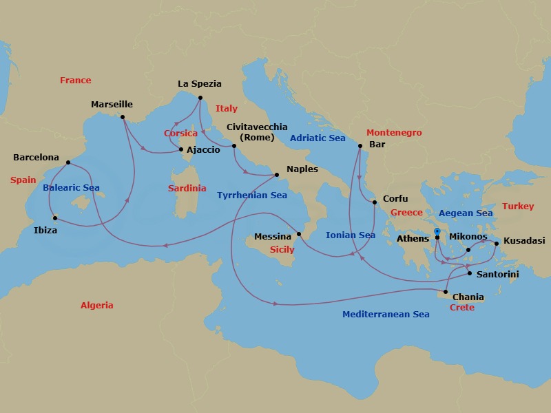21 Night - The Best of the Mediterranean - Sun Princess - Starting in Athens (Piraeus), Greece, Santorini, Greece, Montenegro, Corfu, Greece, Sicily (Messina), Italy, Barcelona, Spain, Ibiza, Spain, Marseille (Provence), France, Corsica (Ajaccio), France, La Spezia (for Florence / Pisa), Italy, Civitavecchia (for Rome), Italy, Naples, Italy (for Capri and Pompeii), Crete (Chania), Greece, Kusadasi, Turkey (for Ephesus), Mykonos, Greece, Athens (Piraeus), Greece itinerary map