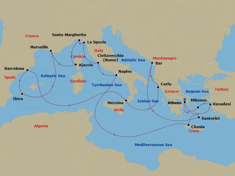 21 Night - The Best of the Mediterranean - Sun Princess - Starting in Athens (Piraeus), Greece, Santorini, Greece, Montenegro, Corfu, Greece, Sicily (Messina), Italy, Barcelona, Spain, Ibiza, Spain, Marseille (Provence), France, Corsica (Ajaccio), France, Santa Margherita, Italy, La Spezia (for Florence / Pisa), Italy, Civitavecchia (for Rome), Italy, Naples, Italy (for Capri and Pompeii), Crete (Chania), Greece, Kusadasi, Turkey (for Ephesus), Mykonos, Greece, Athens (Piraeus), Greece itinerary map
