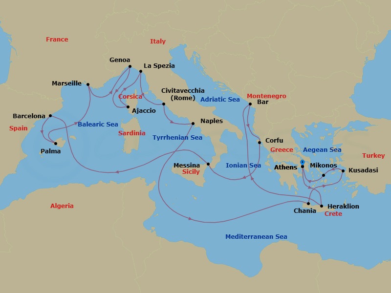 21 Night - The Best of the Mediterranean - Sun Princess - Starting in Athens (Piraeus), Greece, Crete (Heraklion), Greece, Montenegro, Corfu, Greece, Sicily (Messina), Italy, Barcelona, Spain, Mallorca (Palma), Spain, Marseille (Provence), France, Genoa (for Cinque Terre), Italy, Corsica (Ajaccio), France, La Spezia (for Florence / Pisa), Italy, Civitavecchia (for Rome), Italy, Naples, Italy (for Capri and Pompeii), Crete (Chania), Greece, Kusadasi, Turkey (for Ephesus), Mykonos, Greece, Athens (Piraeus), Greece itinerary map