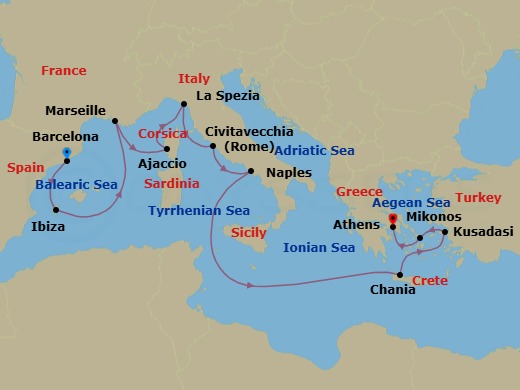 14 Night - Mediterranean with Greece, Italy & Turkey - Sun Princess - Starting in Barcelona, Spain, Ibiza, Spain, Marseille (Provence), France, Corsica (Ajaccio), France, La Spezia (for Florence / Pisa), Italy, Civitavecchia (for Rome), Italy, Naples, Italy (for Capri and Pompeii), Crete (Chania), Greece, Kusadasi, Turkey (for Ephesus), Mykonos, Greece, Athens (Piraeus), Greece itinerary map