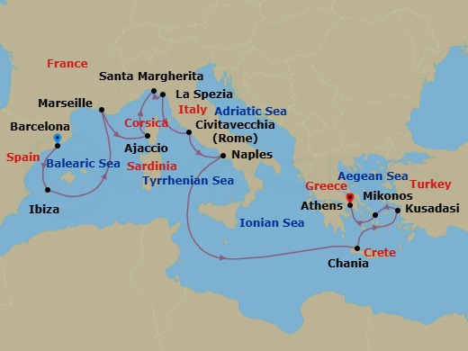 14 Night - Mediterranean with Greece, Italy & Turkey - Sun Princess - Starting in Barcelona, Spain, Ibiza, Spain, Marseille (Provence), France, Corsica (Ajaccio), France, Santa Margherita, Italy, La Spezia (for Florence / Pisa), Italy, Civitavecchia (for Rome), Italy, Naples, Italy (for Capri and Pompeii), Crete (Chania), Greece, Kusadasi, Turkey (for Ephesus), Mykonos, Greece, Athens (Piraeus), Greece itinerary map