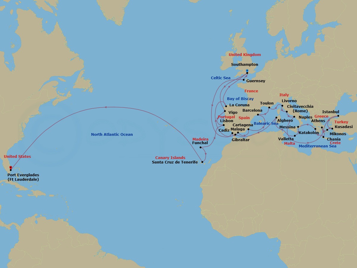 46 Night - Ultimate Mediterranean Grand Adventure - Sky Princess - Starting in Southampton (for London), England, Guernsey (St Peter Port), Seville (Cadiz), Spain, Malaga, Spain, Cartagena ES, Barcelona, Spain, Toulon / Provence (La Seyne), France, Livorno (for Florence / Pisa), Italy, Civitavecchia (for Rome), Italy, Naples, Italy (for Capri and Pompeii), Istanbul, Turkey, Kusadasi, Turkey (for Ephesus), Mykonos, Greece, Athens (Piraeus), Greece, Crete (Chania), Greece, Katakolon (for Olympia), Greece, Sicily (Messina), Italy, Valletta, Malta, Sardinia (Alghero), Italy, Gibraltar, La Coruna, Spain (for Santiago de Compostela), Southampton (for London), England, Vigo, Spain (for Santiago de Compostela), Lisbon, Portugal, Madeira (Funchal), Portugal, Santa Cruz de Tenerife, Fort Lauderdale, Florida itinerary map