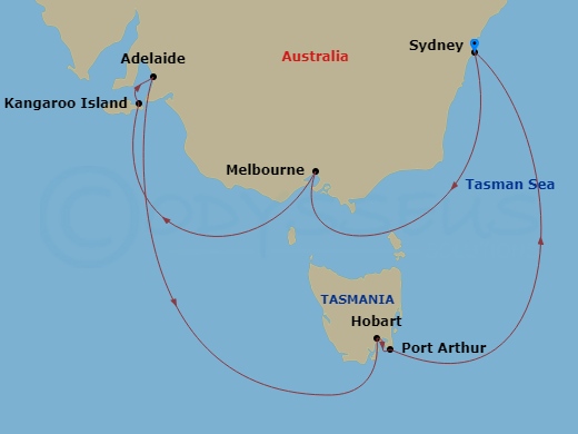 11 Night - Southern Australia Explorer - Grand Princess - Starting in Sydney AU, Melbourne, Australia, Kangaroo Island, Australia, Adelaide, Australia, Great Oyster Bay and Freycinet Peninsula (Scenic Cruising), Hobart, Australia, Port Arthur, Australia, Sydney AU itinerary map