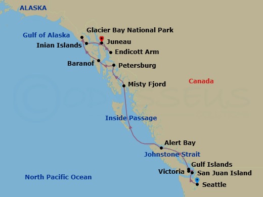 13 Night - Treasures of the Inside Passage - National Geographic Quest - Starting in Seattle, Washington / Embark Ship, San Juan Islands, Washington, Victoria CA, Canada, Gulf Islands, Alert Bay and Johnstone Strait, British Columbia, Inside Passage of British Columbia, Misty Fjords, Alaska, Petersburg, Baranof or Chichagof Island, Glacier Bay National Park, Inian Islands / Icy Strait, Endicott Arm, Juneau, Alaska / Disembark Ship itinerary map