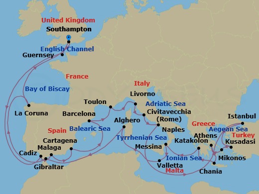 31 Night - Mediterranean Marvel - Sky Princess - Starting in Southampton (for London), England, Guernsey (St Peter Port), Seville (Cadiz), Spain, Malaga, Spain, Cartagena ES, Barcelona, Spain, Toulon / Provence (La Seyne), France, Livorno (for Florence / Pisa), Italy, Civitavecchia (for Rome), Italy, Naples, Italy (for Capri and Pompeii), Istanbul, Turkey, Kusadasi, Turkey (for Ephesus), Mykonos, Greece, Athens (Piraeus), Greece, Crete (Chania), Greece, Katakolon (for Olympia), Greece, Sicily (Messina), Italy, Valletta, Malta, Sardinia (Alghero), Italy, Gibraltar, La Coruna, Spain (for Santiago de Compostela), Southampton (for London), England itinerary map