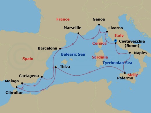14 Night - Mediterranean with Total Solar Eclipse - Enchanted Princess - Starting in Civitavecchia (for Rome), Italy, Livorno (for Florence / Pisa), Italy, Genoa (for Cinque Terre), Italy, Marseille (Provence), France, Barcelona, Spain, Cartagena ES, Malaga, Spain, Gibraltar, Ibiza, Spain, Sicily (Palermo), Italy, Naples, Italy (for Capri and Pompeii), Civitavecchia (for Rome), Italy itinerary map