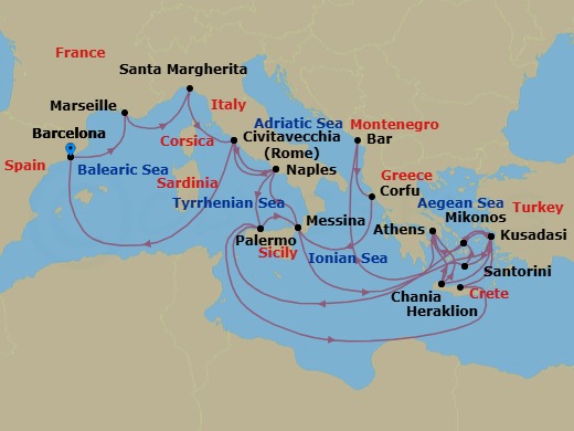 31 Night - The Best of the Mediterranean - Sun Princess - Starting in Barcelona, Spain, Marseille (Provence), France, Santa Margherita, Italy, Civitavecchia (for Rome), Italy, Naples, Italy (for Capri and Pompeii), Sicily (Palermo), Italy, Crete (Heraklion), Greece, Kusadasi, Turkey (for Ephesus), Mykonos, Greece, Athens (Piraeus), Greece, Montenegro, Corfu, Greece, Sicily (Messina), Italy, Santorini, Greece, Mykonos, Greece, Kusadasi, Turkey (for Ephesus), Crete (Chania), Greece, Athens (Piraeus), Greece, Crete (Chania), Greece, Kusadasi, Turkey (for Ephesus), Santorini, Greece, Mykonos, Greece, Sicily (Palermo), Italy, Sicily (Messina), Italy, Naples, Italy (for Capri and Pompeii), Civitavecchia (for Rome), Italy, Barcelona, Spain itinerary map