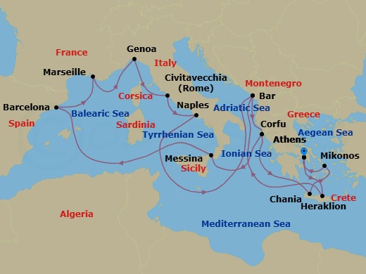 18 Night - The Best of the Mediterranean - Sun Princess - Starting in Athens (Piraeus), Greece, Crete (Heraklion), Greece, Montenegro, Corfu, Greece, Sicily (Messina), Italy, Barcelona, Spain, Marseille (Provence), France, Genoa (for Cinque Terre), Italy, Civitavecchia (for Rome), Italy, Naples, Italy (for Capri and Pompeii), Montenegro, Corfu, Greece, Crete (Chania), Greece, Mykonos, Greece, Athens (Piraeus), Greece itinerary map