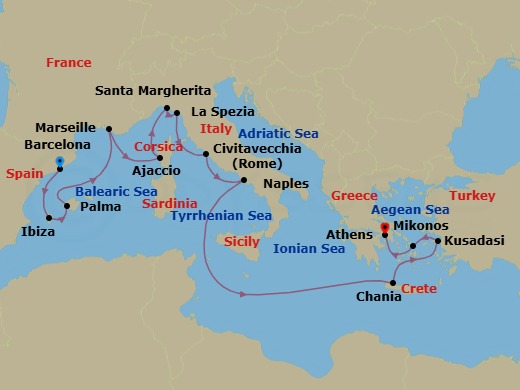 14 Night - Mediterranean with Greece, Italy & Turkey - Sun Princess - Starting in Barcelona, Spain, Ibiza, Spain, Mallorca (Palma), Spain, Marseille (Provence), France, Corsica (Ajaccio), France, Santa Margherita, Italy, La Spezia (for Florence / Pisa), Italy, Civitavecchia (for Rome), Italy, Naples, Italy (for Capri and Pompeii), Crete (Chania), Greece, Kusadasi, Turkey (for Ephesus), Mykonos, Greece, Athens (Piraeus), Greece itinerary map