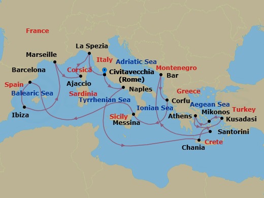 21 Night - The Best of the Mediterranean - Sun Princess - Starting in Civitavecchia (for Rome), Italy, Naples, Italy (for Capri and Pompeii), Crete (Chania), Greece, Kusadasi, Turkey (for Ephesus), Mykonos, Greece, Athens (Piraeus), Greece, Santorini, Greece, Montenegro, Corfu, Greece, Sicily (Messina), Italy, Barcelona, Spain, Ibiza, Spain, Marseille (Provence), France, Corsica (Ajaccio), France, La Spezia (for Florence / Pisa), Italy, Civitavecchia (for Rome), Italy itinerary map