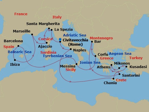 21 Night - The Best of the Mediterranean - Sun Princess - Starting in Civitavecchia (for Rome), Italy, Naples, Italy (for Capri and Pompeii), Crete (Chania), Greece, Kusadasi, Turkey (for Ephesus), Mykonos, Greece, Athens (Piraeus), Greece, Santorini, Greece, Montenegro, Corfu, Greece, Sicily (Messina), Italy, Barcelona, Spain, Ibiza, Spain, Marseille (Provence), France, Corsica (Ajaccio), France, Santa Margherita, Italy, La Spezia (for Florence / Pisa), Italy, Civitavecchia (for Rome), Italy itinerary map