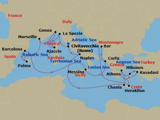 21 Night - The Best of the Mediterranean - Sun Princess - Starting in Civitavecchia (for Rome), Italy, Naples, Italy (for Capri and Pompeii), Crete (Chania), Greece, Kusadasi, Turkey (for Ephesus), Mykonos, Greece, Athens (Piraeus), Greece, Crete (Heraklion), Greece, Montenegro, Corfu, Greece, Sicily (Messina), Italy, Barcelona, Spain, Mallorca (Palma), Spain, Marseille (Provence), France, Genoa (for Cinque Terre), Italy, Corsica (Ajaccio), France, La Spezia (for Florence / Pisa), Italy, Civitavecchia (for Rome), Italy itinerary map