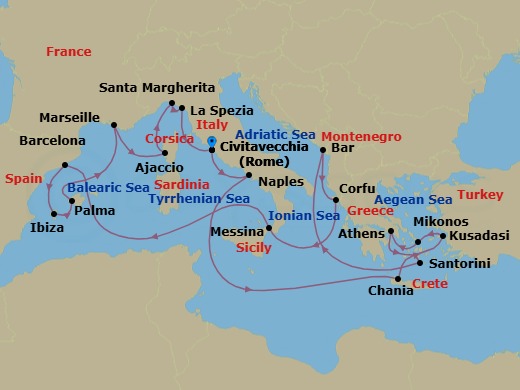 21 Night - The Best of the Mediterranean - Sun Princess - Starting in Civitavecchia (for Rome), Italy, Naples, Italy (for Capri and Pompeii), Crete (Chania), Greece, Kusadasi, Turkey (for Ephesus), Mykonos, Greece, Athens (Piraeus), Greece, Santorini, Greece, Montenegro, Corfu, Greece, Sicily (Messina), Italy, Barcelona, Spain, Ibiza, Spain, Mallorca (Palma), Spain, Marseille (Provence), France, Corsica (Ajaccio), France, Santa Margherita, Italy, La Spezia (for Florence / Pisa), Italy, Civitavecchia (for Rome), Italy itinerary map