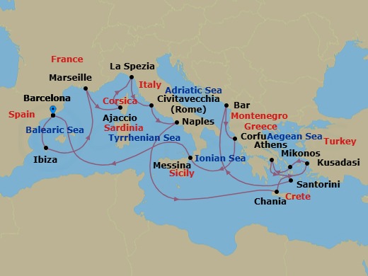 21 Night - The Best of the Mediterranean - Sun Princess - Starting in Barcelona, Spain, Ibiza, Spain, Marseille (Provence), France, Corsica (Ajaccio), France, La Spezia (for Florence / Pisa), Italy, Civitavecchia (for Rome), Italy, Naples, Italy (for Capri and Pompeii), Crete (Chania), Greece, Kusadasi, Turkey (for Ephesus), Mykonos, Greece, Athens (Piraeus), Greece, Santorini, Greece, Montenegro, Corfu, Greece, Sicily (Messina), Italy, Barcelona, Spain itinerary map