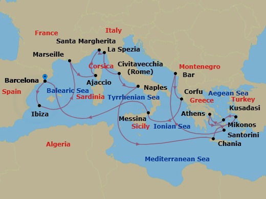 21 Night - The Best of the Mediterranean - Sun Princess - Starting in Barcelona, Spain, Ibiza, Spain, Marseille (Provence), France, Corsica (Ajaccio), France, Santa Margherita, Italy, La Spezia (for Florence / Pisa), Italy, Civitavecchia (for Rome), Italy, Naples, Italy (for Capri and Pompeii), Crete (Chania), Greece, Kusadasi, Turkey (for Ephesus), Mykonos, Greece, Athens (Piraeus), Greece, Santorini, Greece, Montenegro, Corfu, Greece, Sicily (Messina), Italy, Barcelona, Spain itinerary map