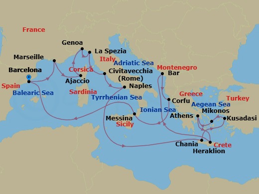21 Night - The Best of the Mediterranean - Sun Princess - Starting in Barcelona, Spain, Marseille (Provence), France, Corsica (Ajaccio), France, Genoa (for Cinque Terre), Italy, La Spezia (for Florence / Pisa), Italy, Civitavecchia (for Rome), Italy, Naples, Italy (for Capri and Pompeii), Crete (Chania), Greece, Kusadasi, Turkey (for Ephesus), Mykonos, Greece, Athens (Piraeus), Greece, Crete (Heraklion), Greece, Montenegro, Corfu, Greece, Sicily (Messina), Italy, Barcelona, Spain itinerary map
