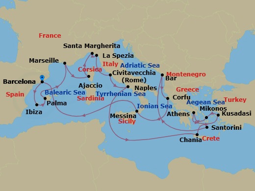 21 Night - The Best of the Mediterranean - Sun Princess - Starting in Barcelona, Spain, Ibiza, Spain, Mallorca (Palma), Spain, Marseille (Provence), France, Corsica (Ajaccio), France, Santa Margherita, Italy, La Spezia (for Florence / Pisa), Italy, Civitavecchia (for Rome), Italy, Naples, Italy (for Capri and Pompeii), Crete (Chania), Greece, Kusadasi, Turkey (for Ephesus), Mykonos, Greece, Athens (Piraeus), Greece, Santorini, Greece, Montenegro, Corfu, Greece, Sicily (Messina), Italy, Barcelona, Spain itinerary map