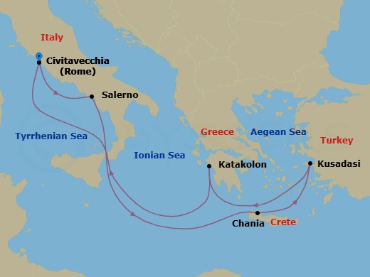 7 Night - Mediterranean & Aegean - Enchanted Princess - Starting in Civitavecchia (for Rome), Italy, Amalfi Coast (Salerno), Crete (Chania), Greece, Kusadasi, Turkey (for Ephesus), Katakolon (for Olympia), Greece, Civitavecchia (for Rome), Italy itinerary map