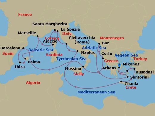 21 Night - The Best of the Mediterranean - Sun Princess - Starting in Athens (Piraeus), Greece, Santorini, Greece, Montenegro, Corfu, Greece, Sicily (Messina), Italy, Barcelona, Spain, Ibiza, Spain, Mallorca (Palma), Spain, Marseille (Provence), France, Corsica (Ajaccio), France, Santa Margherita, Italy, La Spezia (for Florence / Pisa), Italy, Civitavecchia (for Rome), Italy, Naples, Italy (for Capri and Pompeii), Crete (Chania), Greece, Kusadasi, Turkey (for Ephesus), Mykonos, Greece, Athens (Piraeus), Greece itinerary map