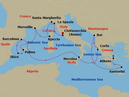 14 Night - Western Mediterranean with Greece & Italy - Sun Princess - Starting in Athens (Piraeus), Greece, Santorini, Greece, Montenegro, Corfu, Greece, Sicily (Messina), Italy, Barcelona, Spain, Ibiza, Spain, Mallorca (Palma), Spain, Marseille (Provence), France, Corsica (Ajaccio), France, Santa Margherita, Italy, La Spezia (for Florence / Pisa), Italy, Civitavecchia (for Rome), Italy itinerary map