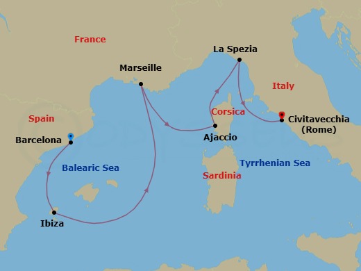 7 Night - Western Mediterranean with Italy - Sun Princess - Starting in Barcelona, Spain, Ibiza, Spain, Marseille (Provence), France, Corsica (Ajaccio), France, La Spezia (for Florence / Pisa), Italy, Civitavecchia (for Rome), Italy itinerary map
