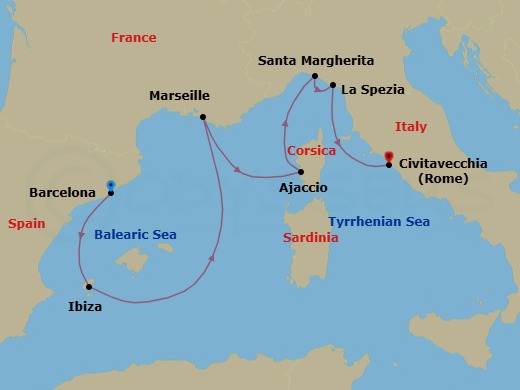 7 Night - Western Mediterranean with Italy - Sun Princess - Starting in Barcelona, Spain, Ibiza, Spain, Marseille (Provence), France, Corsica (Ajaccio), France, Santa Margherita, Italy, La Spezia (for Florence / Pisa), Italy, Civitavecchia (for Rome), Italy itinerary map