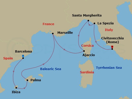 7 Night - Western Mediterranean with Italy - Sun Princess - Starting in Barcelona, Spain, Ibiza, Spain, Mallorca (Palma), Spain, Marseille (Provence), France, Corsica (Ajaccio), France, Santa Margherita, Italy, La Spezia (for Florence / Pisa), Italy, Civitavecchia (for Rome), Italy itinerary map