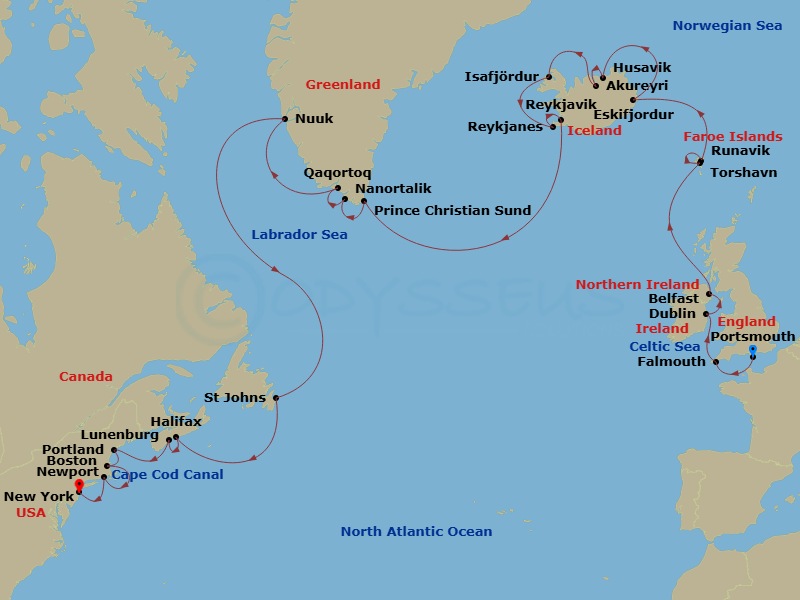 28 Night - Portsmouth to New York Transatlantic Combination Cruise - Azamara Quest - Starting in Portsmouth UK, Falmouth, Dublin, Belfast, Northern Ireland, Torshavn, Runavik, Eskifjordur, Husavik, Akureyri, Isafjordur, Reykjanes, Reykjavik, Prince Christian Sound, Nanortalik, Qaqortoq (Julianehaab), Nuuk (Godthaab), St Johns NF, Newfoundland, Halifax, Nova Scotia, Lunenburg, Nova Scotia, Portland ME, Boston, Massachusetts, Cape Cod Canal Cruising, Newport, Rhode Island, New York City, New York itinerary map