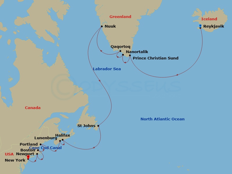 16 Night - Greenland & Canada Cruise : Nuuk, Newfoundland & Boston - Azamara Quest - Starting in Reykjavik, Prince Christian Sound, Nanortalik, Qaqortoq (Julianehaab), Nuuk (Godthaab), St Johns NF, Newfoundland, Halifax, Nova Scotia, Lunenburg, Nova Scotia, Portland ME, Boston, Massachusetts, Cape Cod Canal Cruising, Newport, Rhode Island, New York City, New York itinerary map