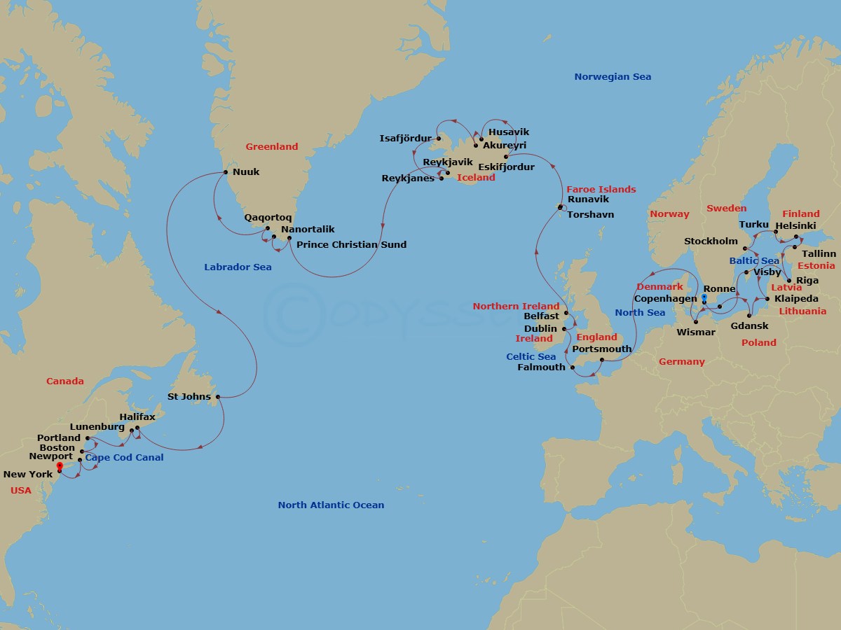43 Night - Copenhagen to New York Transatlantic Grand Voyage - Azamara Quest - Starting in Copenhagen, Visby, Sweden, Stockholm, Turku, Helsinki, Tallinn, Riga, Klaipeda, Gdansk, Ronne, Bornholm, Wismar, Kiel Canal Cruising, Portsmouth UK, Falmouth, Dublin, Belfast, Northern Ireland, Torshavn, Runavik, Eskifjordur, Husavik, Akureyri, Isafjordur, Reykjanes, Reykjavik, Prince Christian Sound, Nanortalik, Qaqortoq (Julianehaab), Nuuk (Godthaab), St Johns NF, Newfoundland, Halifax, Nova Scotia, Lunenburg, Nova Scotia, Portland ME, Boston, Massachusetts, Cape Cod Canal Cruising, Newport, Rhode Island, New York City, New York itinerary map