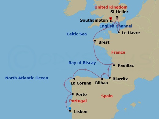 11 Night - Cloisters & Chateaux - Oceania Vista - Starting in Lisbon, Oporto, La Coruna, Bilbao, Biarritz (Saint-Jean-De-Luz), Bordeaux (Pauillac), Brest, St Helier, Jersey, Paris (Le Havre), London (Southampton) itinerary map